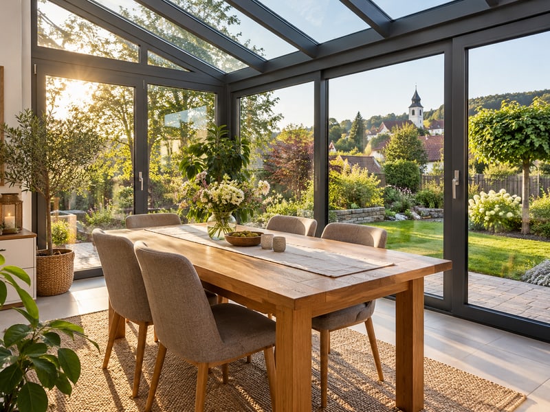 Gestaltungsidee für einen hellen Wohnwintergarten mit Gartenblick