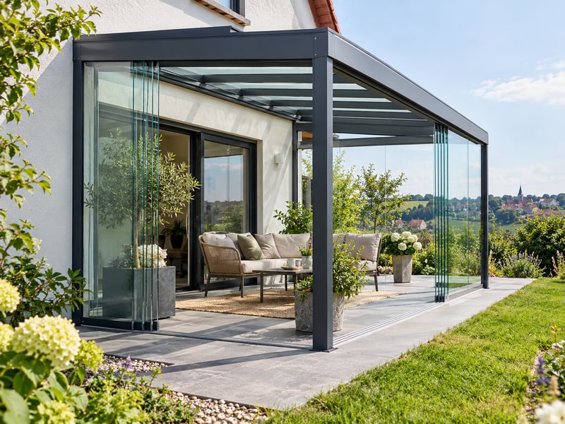 Gestaltungsidee eines Sommergartens mit geöffneten Glasschiebewänden
