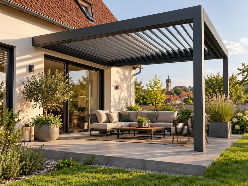 Gestaltungsidee einer Pergola mit verstellbaren Lamellen und Sitzbereich